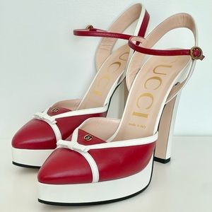 Gucci Alison Leather Platform Pumps in Red And White